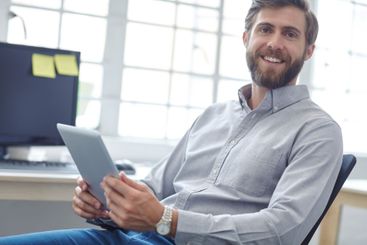 Man, typing and professional with tablet in portrait,...