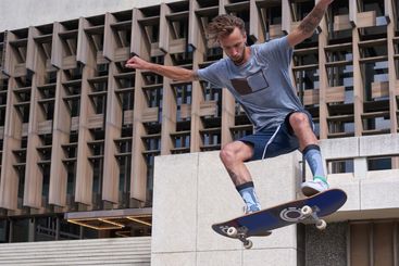 Man, jump or flying with skateboard for extreme sport,...