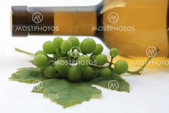 Bottle of white wine and grapes