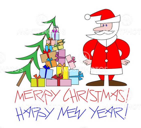 Santa Clause near fir tree and gifts_