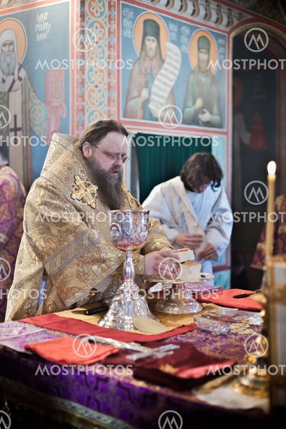 MOSCOW - MARCH 14: Orthodox liturgy with bishop Mercury in High Monastery of St Peter in Moscow on March 14, 2010 in Moscow