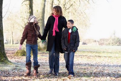 Mother And Children On Autumn Walk
