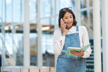 Phone call, tablet and businesswoman in office for...
