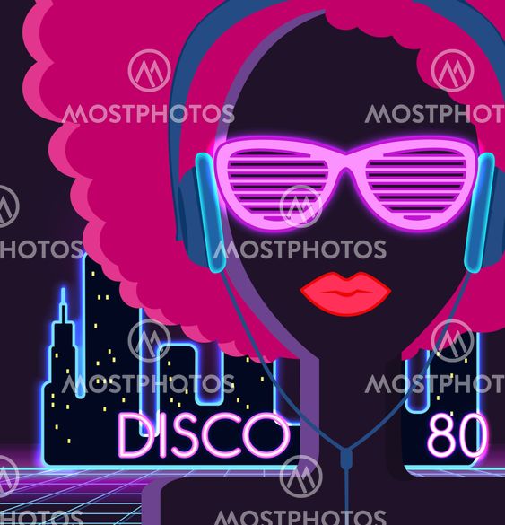Disco 80's. Girl with Headphones