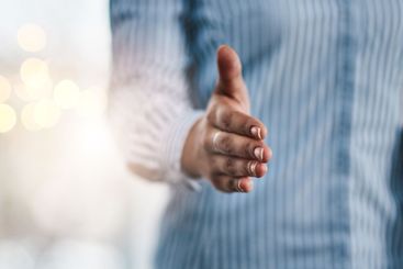 Businesswoman, offer or handshake closeup for job...