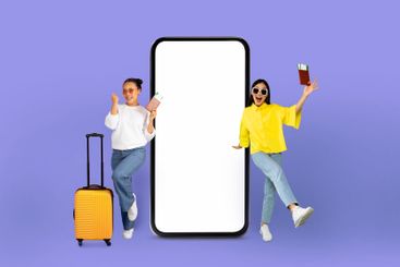 Excited travelers with a blank smartphone screen