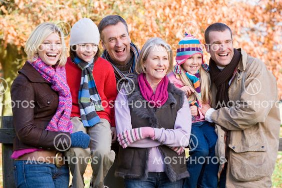 Multi-generation family on autumn walk