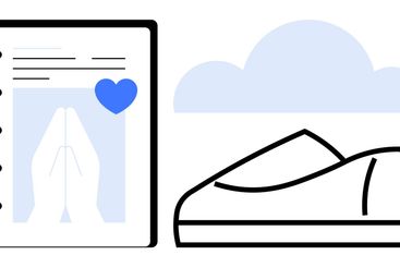 Notebook with prayer icon and blue heart next to shoe...