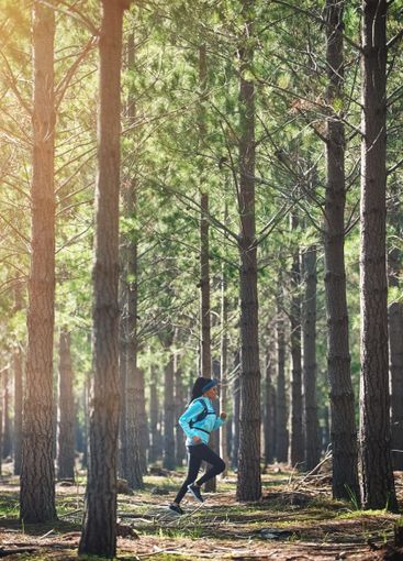 Trail, running and woman in woods with fitness, trees...