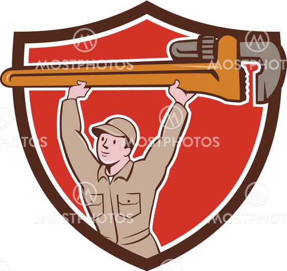 Plumber Lifting Monkey Wrench Crest Cartoon