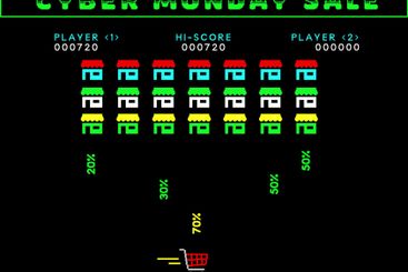 Cyber monday sale banner as retro arcade video game....