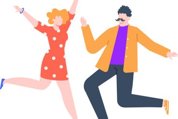 Energetic man and woman jumping joyfully in mid air,...