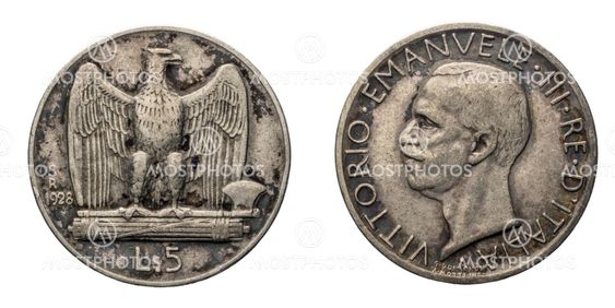 five 5 Lire silver Coin 1928 Eagle arms Vittorio Emanuele...