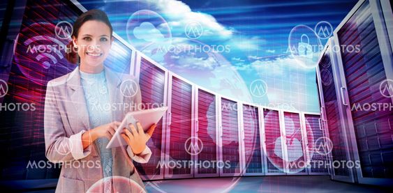 Composite image of brunette using tablet pc