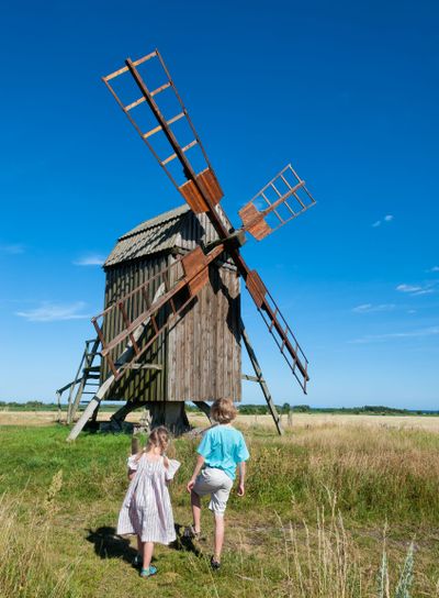 Children look at an old windmill