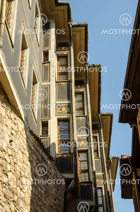 Houses built on the fortress wall in the old Plovdiv