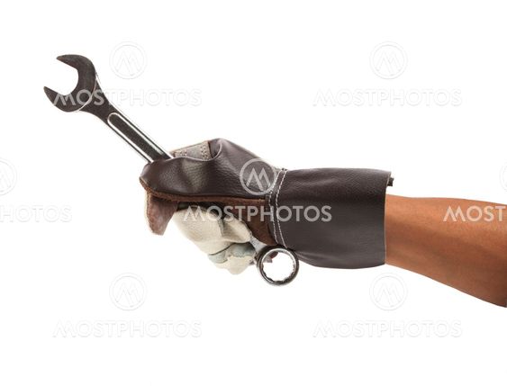 worker hand and hand leather gloves protect holding spanner fix tool equipment isolated white background