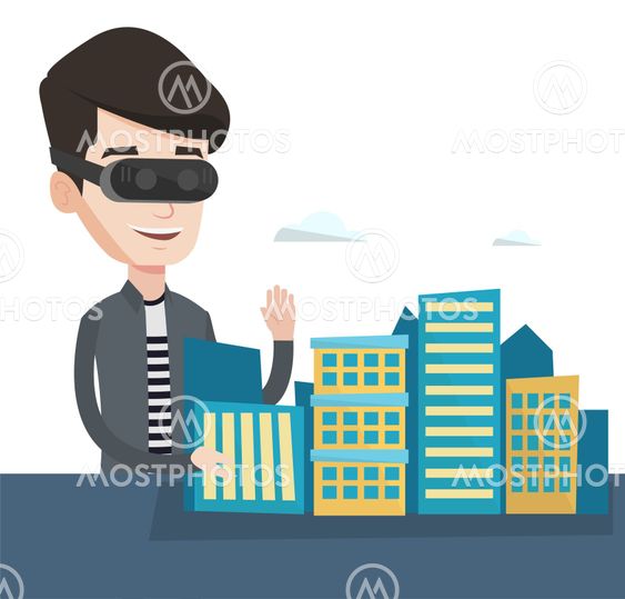 Happy young man wearing virtual reality headset.