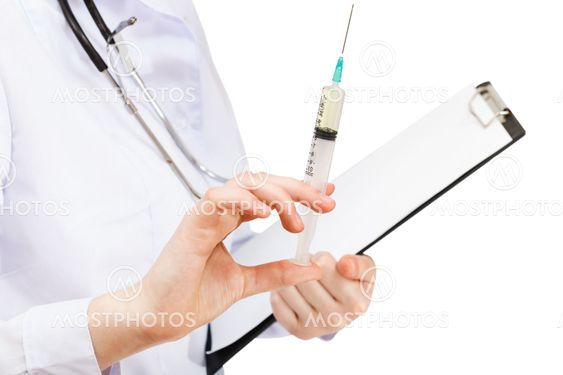 nurse holds syringe and clipboard isolated
