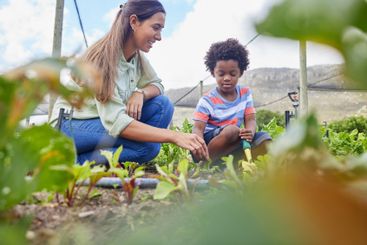 Field trip, learning and teacher with school boy on farm...