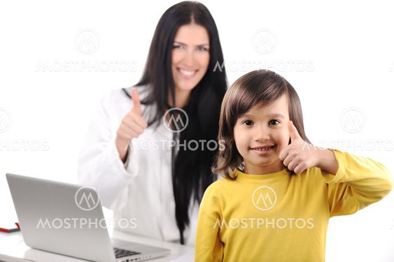 Young female doctor examining little cute happy child...