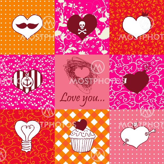 Stylish set of nine hand drawn hearts