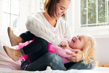 Child, playing and bedroom with mother, bonding and joy...