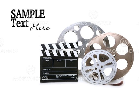 Canisters of Film With Directors Clapboard on White Background
