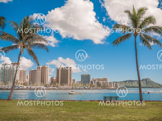 HONOLULU, HAWAII - FEB 2 : View of Waikiki Yacht club from Ala Moana beach park with buildings behind