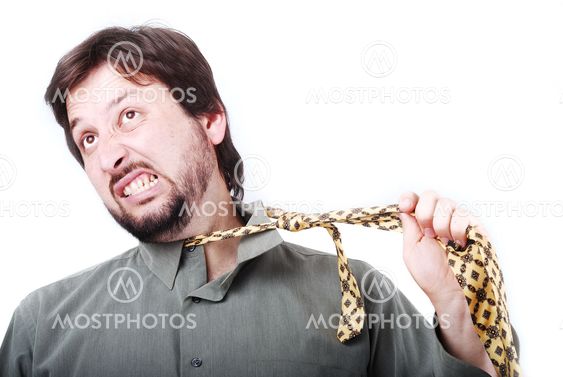 Man wearing shirt and tie with boring and angry...