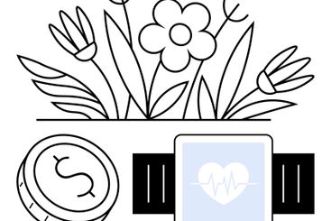 Spring flowers with a coin and smartwatch, representing...
