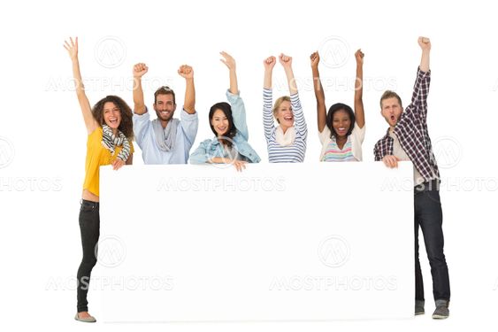 Smiling group of young friends showing large poster and cheering