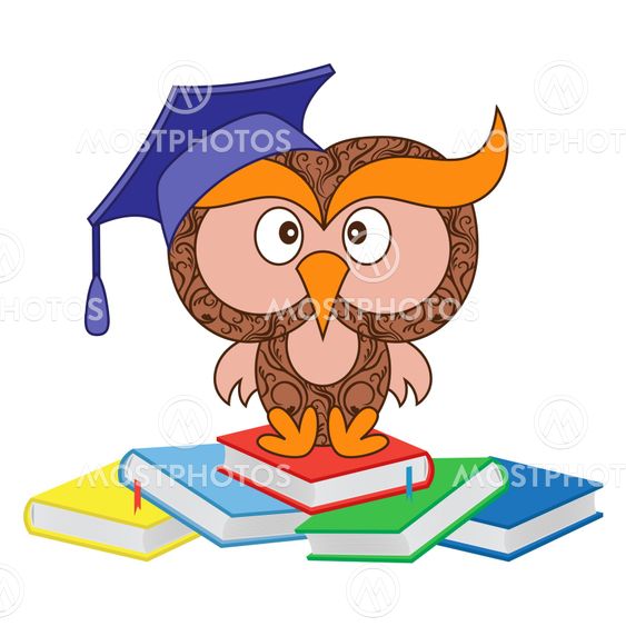 Funny wise owl sitting on the heap of books