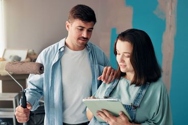 House, painting and couple with tablet, planning and...