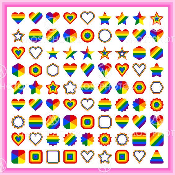 LGBT flag shapes. Forms of circle, star, hexagon, heart,...