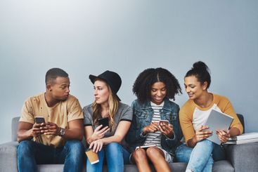 Studio, waiting and business people with technology for...