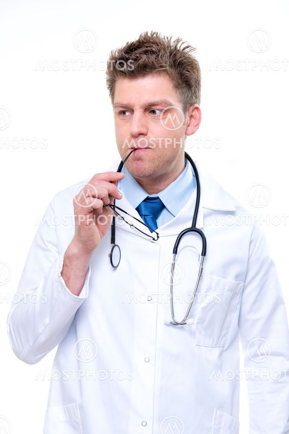 Thinking doctor with stethoscope and glasses