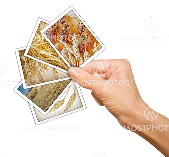 Hand with shots of wheat, field, flour and bread isolated on white