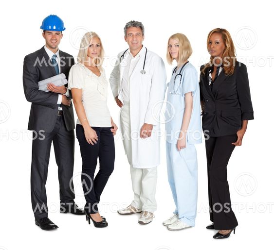 Workers of different professions together on white