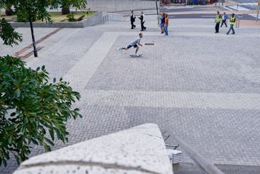 City, skating and man with skateboard, practice or...