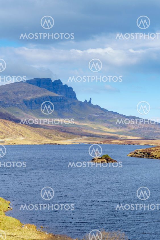 Old Man of Storr rock formation and lake, Scotland.