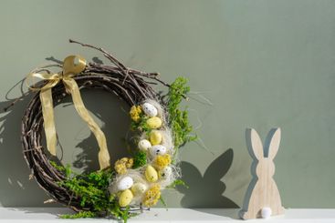 Candid Easter wreath arrangement decor. Handmade craft...
