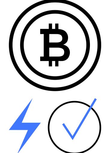 Bitcoin logo in circle, blue lightning bolt, and...