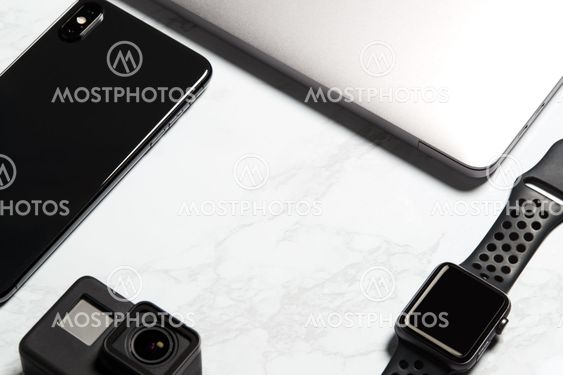 Flat Lay Shot Of Techno Items For Modern Worker With...