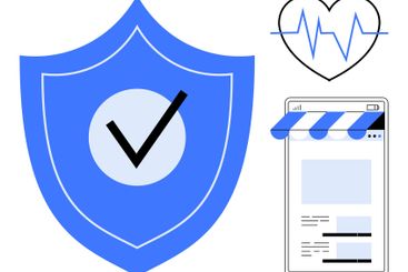 Blue shield with checkmark, heartbeat line, and webpage...