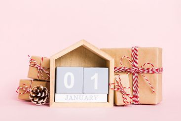 1 january. Christmas composition on colored background...