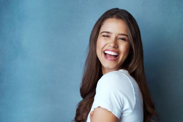Happy woman, portrait and joy with haircare on space for...