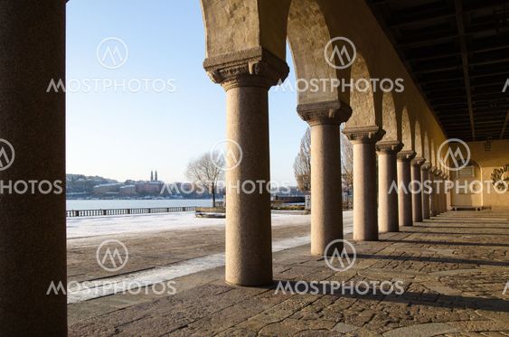 View by the columns at the City Hall in Stockholm
