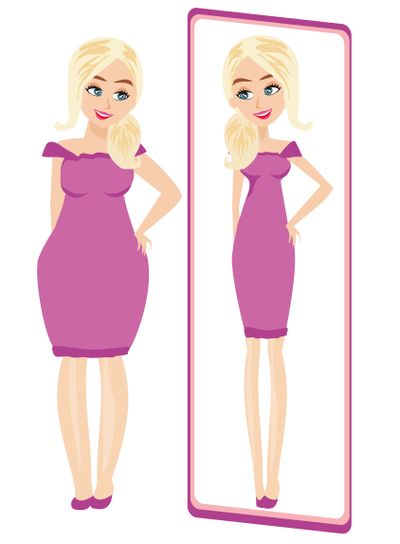 Full lady enjoys her slim reflection