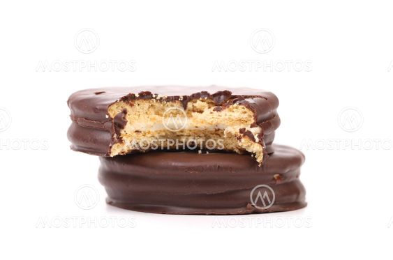 Bitten biscuit sandwich with chocolate.